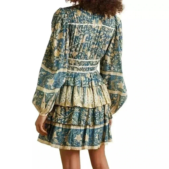 Ulla Johnson Dress Nina Floral Print Mini Ruffle Tiered Corset Tie 6 Blue NWT - Picture 2 of 8